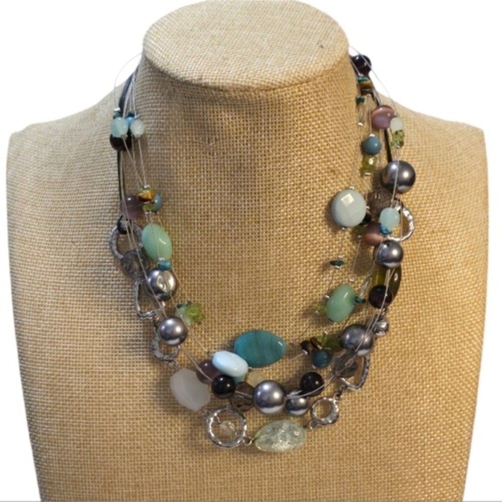 Lia Sophia‎ Necklace Lot 3pc Multi Strand Illusion Beaded Silver Tone Statement